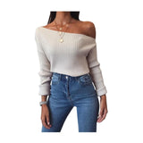 Fongt Women's Spring New Sexy Fashion Long-Sleeved Knitted Shirt Slanted Shoulder Sweater Top Woman