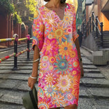 Floral Print Fashion Slim V-Neck Half Sleeve Midi