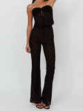 2pcs Set Women Lace Bustiers Strapless Off Shoulder Tube Tops Party Mesh See Through Tank High Waist Long Flare Pants-Outfit