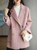 for Women 2023 Double Breasted Pocket Elegant Long Coat Wool & Blends Fashion V-Neck Office Lady Grey Heavy