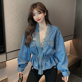 Women Jacket 2023 Spring Autumn Korean Chic Female All-Match V-Neck Retro Beaded Diamond Design Loose Short Denim