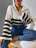 Fongt 2025 New Striped Collar Knitting Knitting Sweater Outside The Female