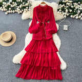 Fongt Dress Women 2025 New High-End Lace To Receive Waist Lantern Sleeves Side Long Dress Dress