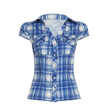 Fongt Cloth Forget British Wind Wood Ear V-Neck Check Shirt Temperament Waist Button Bubble Sleeve Top