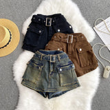 Fongt Babes Work Style Skirts Women High-Rise Thins Retro Old Denim Shorts Wide Leg Trousers