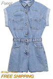 V Neck Button Up Casual Denim Rompers Overalls Women Blue Rompers Playsuits Short Sleeve Spring Summer Outfit