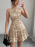 Fongt French Elegant Floral Print Sleeveless Bundle With Mini Dress