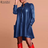 Fashion Autumn Women Sundress Lapel Neck Long Sleeve PU Leather Dress Robe Femme Party Dress Casual Loose Shirt
