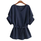 Size M-6XL Women Loose Short Sleeves Blouses 2022 New Fashion Summer Casual V-Neck Lace Up Bow Solid Color Tops Hot