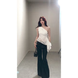 Fongt Price White Irregular Slanted Shoulder Sling Vest Women's Summer Design Slimming High-End Feel Blouse