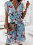 Fongt Explosion Summer Lotus Leaf Side Short-Sleeved V-Neck Digital Printed Dress Woman
