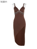 Fashion Elegant Diamond Tassel Strap Long Dress For Women French Romantic Birthday Party Split Solid Dress 2022