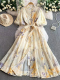 Fongt Retro-Print Collar Bubble-Sleeved Dress Women's Summer Straps To The Waists To Show A Thin Swollen Dress