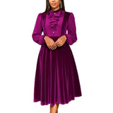 Fongt Style Purple Velvet Party Party Temperament Dress Wooden Ear Splicing Long Sleeves To Close The Waist A Dress Dress