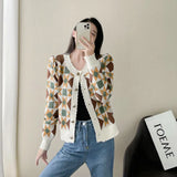 Impact Color Diamond Plaid Knitted Cardigan Women's Fashionable Sweater Round Collar Autumn And Winter Style Coat Bubble Long-Sleeved Blouse-Outfit