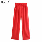 Women Simply Solid Color Pockets Patch Casual Straight Pants Female Chic Elastic Waist Lace Up Summer Long Trousers