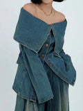 2024 Autumn Women Denim Blouse Patchwork Slash Neck Off Shoulder Single Breasted Wasit Solid Color Tops TH4518-Outfit