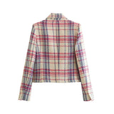 Tweed Woolen Jacket Ultrashort Suit Coat Women Spring Autumn High-waist Plaid Blazers Feminine Slim Casual Tops