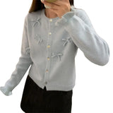 Spring And Autumn New Pure Color High-Grade Round Collar Hand-Made Three-Dimensional Bow Soft Waxy Knitted Cardigan Blouse-Outfit