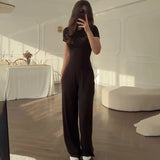 Fongt Summer New Women's Round Neck Solid Color Wide Leg Pants Commuting Leisure Suit Women