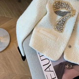 Quality French Vintage Small Fragrance Tweed Jackets For Women 2024 Autumn Winter Fashion Bow Patchwork Coat Luxury