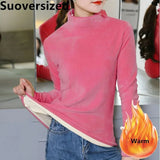 Warm Basic Soft Velvet T-shirts Women Fall Winter Turtleneck Jumper Plush Lined Tops Casual Long Sleeve Slim Velour