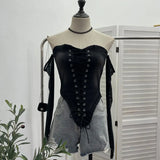 Hottie Sexy Tset Blouse Irregular Cowboy Splicing Mesh Yarn Tie With Short T-Shirt