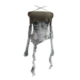 Fongt Shot Shoulder Cross Hanging Neck Knitting Mesh Yarn Coat Irregular Ribbon Horn Long-Sleeved T-Shirt 1101