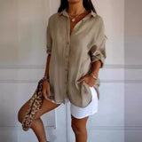 Fongt New Single-Dran Buckle Folding Collar Shirt Burst Lady Solid Color Can Sleeve Top