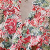 Fongt Printed Lantern Sleeve Dress Female Spring V-Neck Hollow Hook Flower Embroidery Light Luxury A Dress