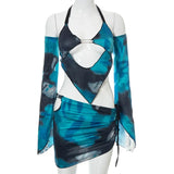 Dye Print Two Piece Set Women Summer Sexy Halter Top Long Sleeve Backless Casual Vacation Outfits + Mini Skirt Matching