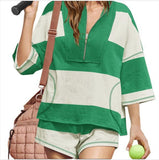 Fongt Spring And Summer New Women's Striped Half-Sleeved Oversized Shorts Casual Sportswear Two Sets