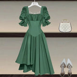 Women Summer French Vintage High Waist Irregular Dresses 2022 Office Ladies Elegant Square Collar Puff Sleeve Vestido De