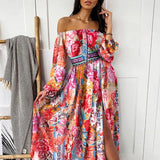 Fongt New Evening Dress Print Dress V Collar Retro Long Sleeves Open Fork
