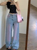 Fongt Red Gradient Color Design Sense Jeans Female Spring And Autumn New Style Loose Recreational Vertical Feeling High Waist Wide Leg Pants-Outfit
