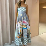 Fongt Summer Women's New Temperament Elegant High-Waist Print Slings Casual Fashion Dress