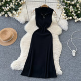 Fongt A Small-Sized Lap Collar Zipper Sleeveless Dress Women Decorate The Body Thin Leisure Medium Long Over-膝 Knit Dress