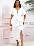 Fongt Summer Sexy V-Necked Lotus Leaf Side Open Nail Bead Party Dress Famous Temperament Banquet Dress