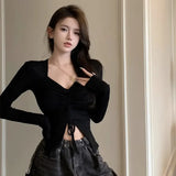 Spring Retro Autumn All-Match Sweet V-Neck Long-Sleeved Cute Drawstring Design Exposed Navel Short Style Casual Top-Outfit
