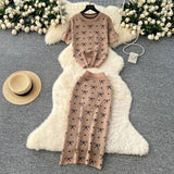 Fongt Suit Women's 2025 Summer High-End Round-Neck Short-Sleeved Bow Print Top High-Waisted Hip Skirt
