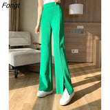 High Street Chic Split Flare Pants for Women High Waist Trousers Summer Simple Lady Green Black Pants Ice Silk