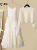 Women Spring Two Pieces Sets Korean Long Sleeve Knitted Sweater Cardigan And Ruffles Patchwork Mesh Long Dress