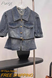 Short Sleeve Denim Shirt Women New Casual Single-Breasted Slim Top with Belt Short Denim