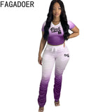 Fashion Gradient Plus Size Two Piece Sets 3XL 4XL Women PINK Letter Print Short Sleeve Tshirt + Stacked Pants