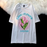 Blue Tulip Flock 3D Embroidery Flower T Shirts Cute Streetwear Casual Tops Short Sleeve Summer Cotton Tee Men Women