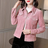 Spring Autumn Pink Corduroy Short Jacket Women Small Coat Nail Bead Single-breasted Casual Outerwear Lady Tops With