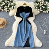 Fongt Version Of Fashion Elegant Irregular Short Sleeve Splicing Diamond-Singed Waist Denim Dress Women's Summer Open Fork Long Dress