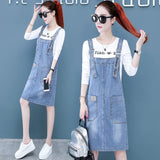 Women's Denim Suspender Dress Spring Summer Loose Student Clothing Big Pocket Adjustable Strap Casual Jean Dress