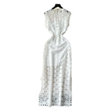 Fongt Light Luxury High-End Sleeveless Dress Female Summer Mesh Yarn Hollow Hook Open Fork Design Long Dress