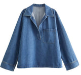 Fongt Women's Clothing INS Burst Fashion Loose Collar Long Sleeves Denim Blouse Trouser Cover